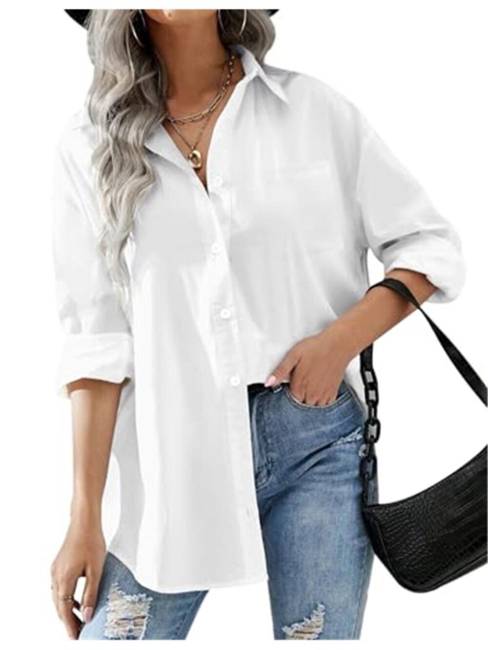 Women Oversized Button Down Shirt Long Sleeve Boyfriend Blouse Casual Loose Top